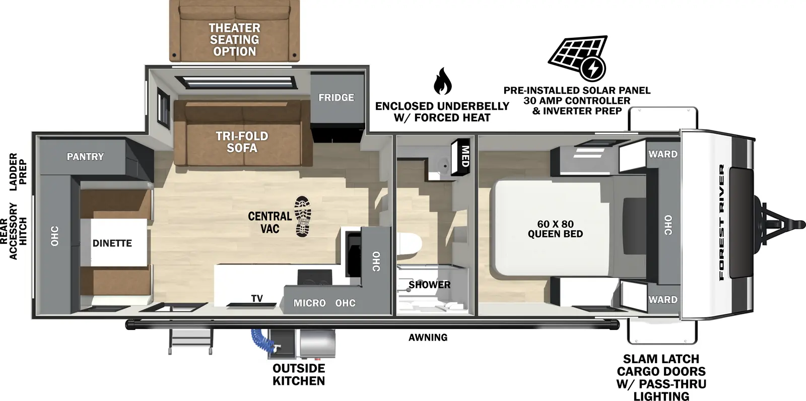 The Ibex 25RLSS floorplan has one entry and one slide out. Exterior features include: fiberglass exterior, 19' awning and outside kitchen. Interiors features include: front bedroom and pass through bathroom.